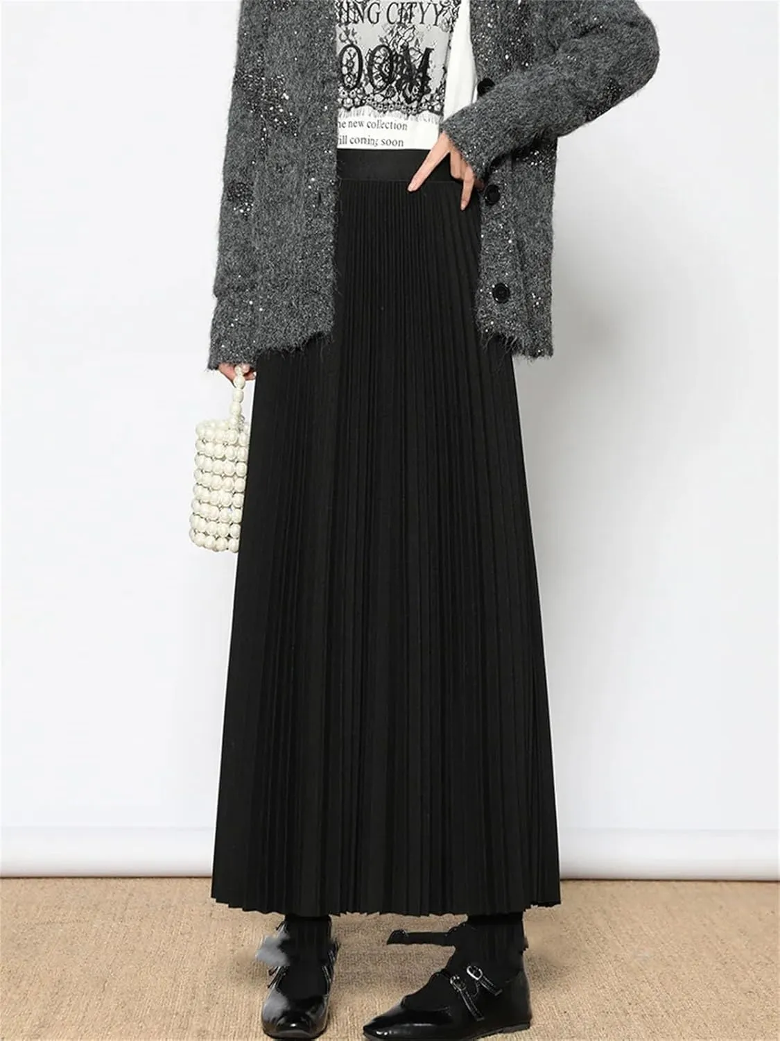 Women's Folded Wool Skirt, Thick Elastic Waist Winter