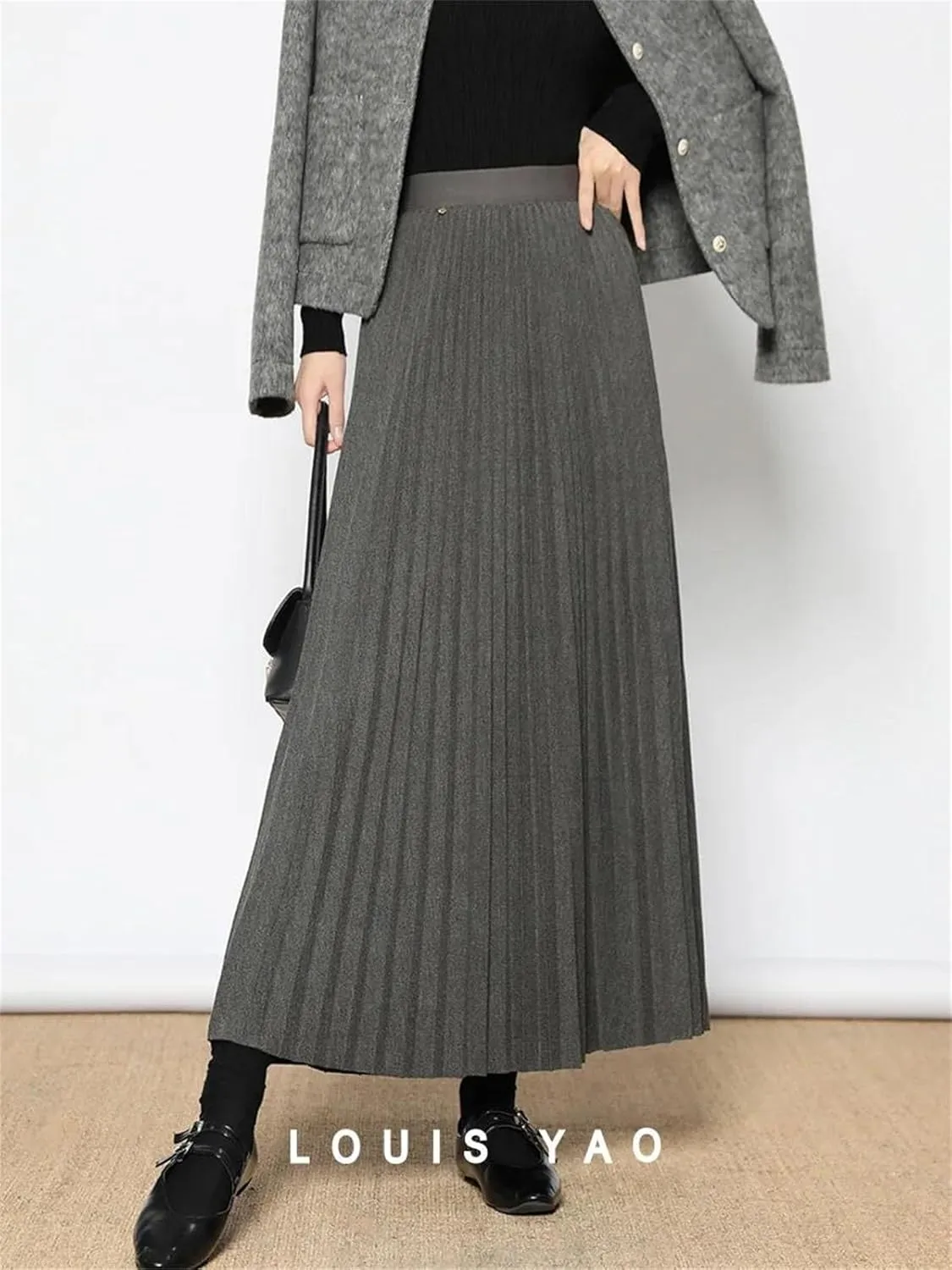 Women's Folded Wool Skirt, Thick Elastic Waist Winter