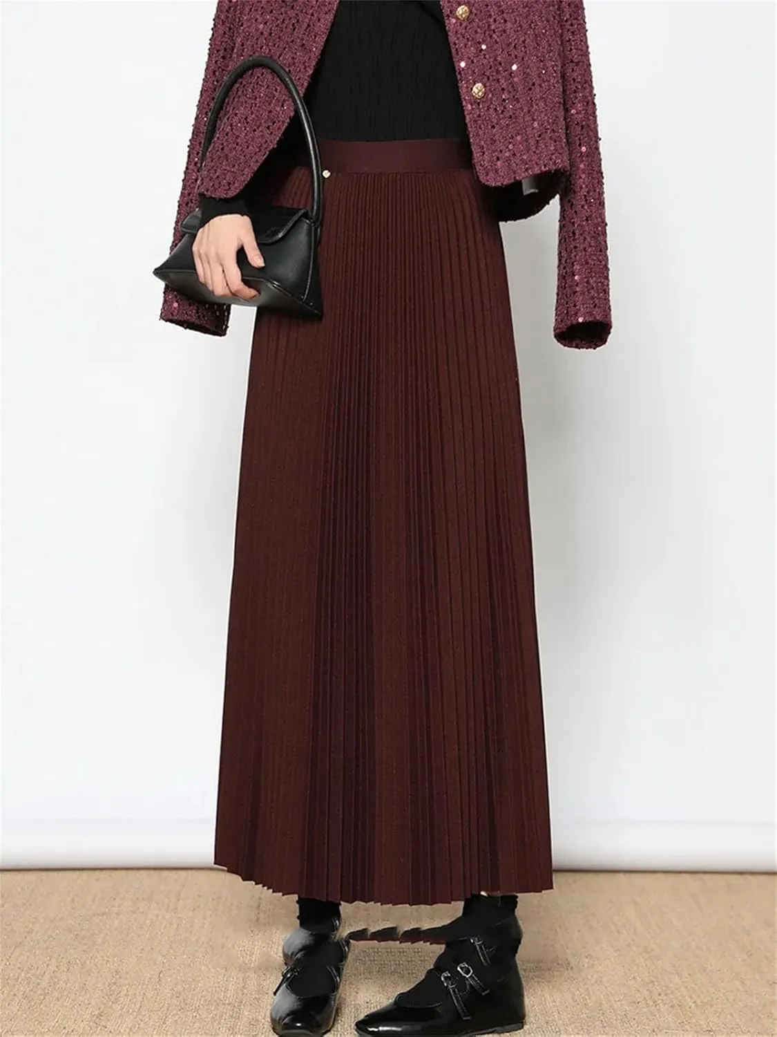 Women's Folded Wool Skirt, Thick Elastic Waist Winter