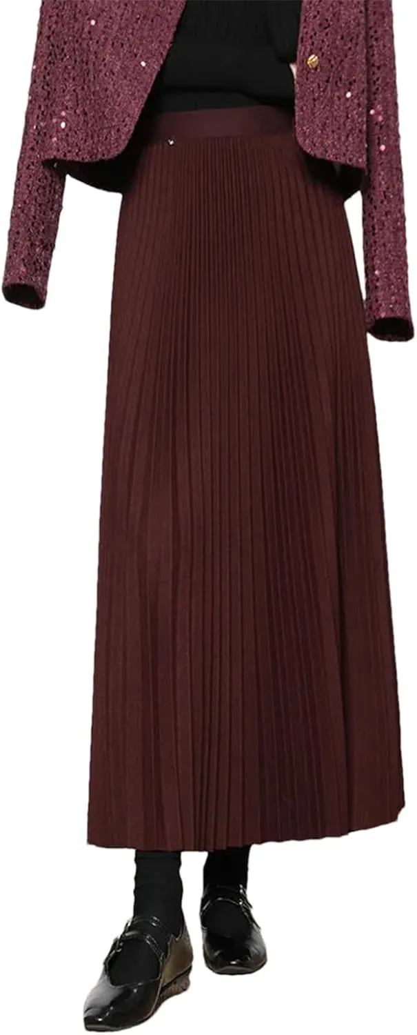 Women's Folded Wool Skirt, Thick Elastic Waist Winter