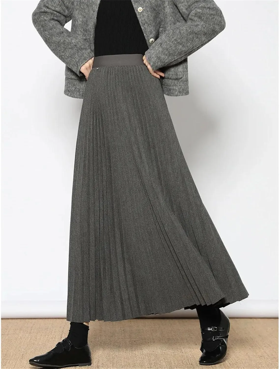 Women's Folded Wool Skirt, Thick Elastic Waist Winter
