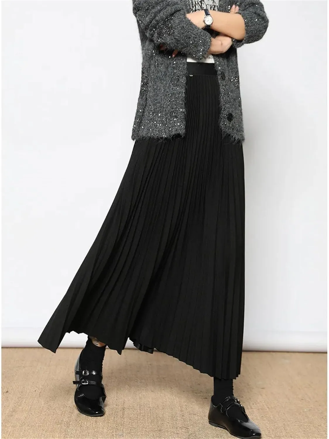 Women's Folded Wool Skirt, Thick Elastic Waist Winter