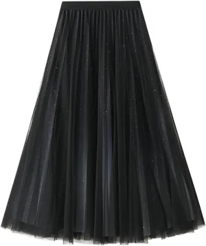 Women's Gradient Color Flowy Chiffon Skirts High Waist A-Line Casual Pleated Party Long Tutu Skirts