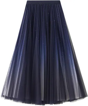 Women's Gradient Color Flowy Chiffon Skirts High Waist A-Line Casual Pleated Party Long Tutu Skirts