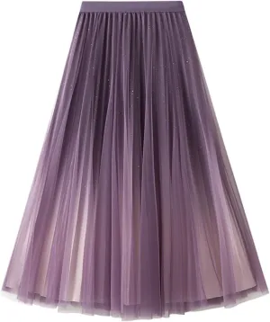 Women's Gradient Color Flowy Chiffon Skirts High Waist A-Line Casual Pleated Party Long Tutu Skirts
