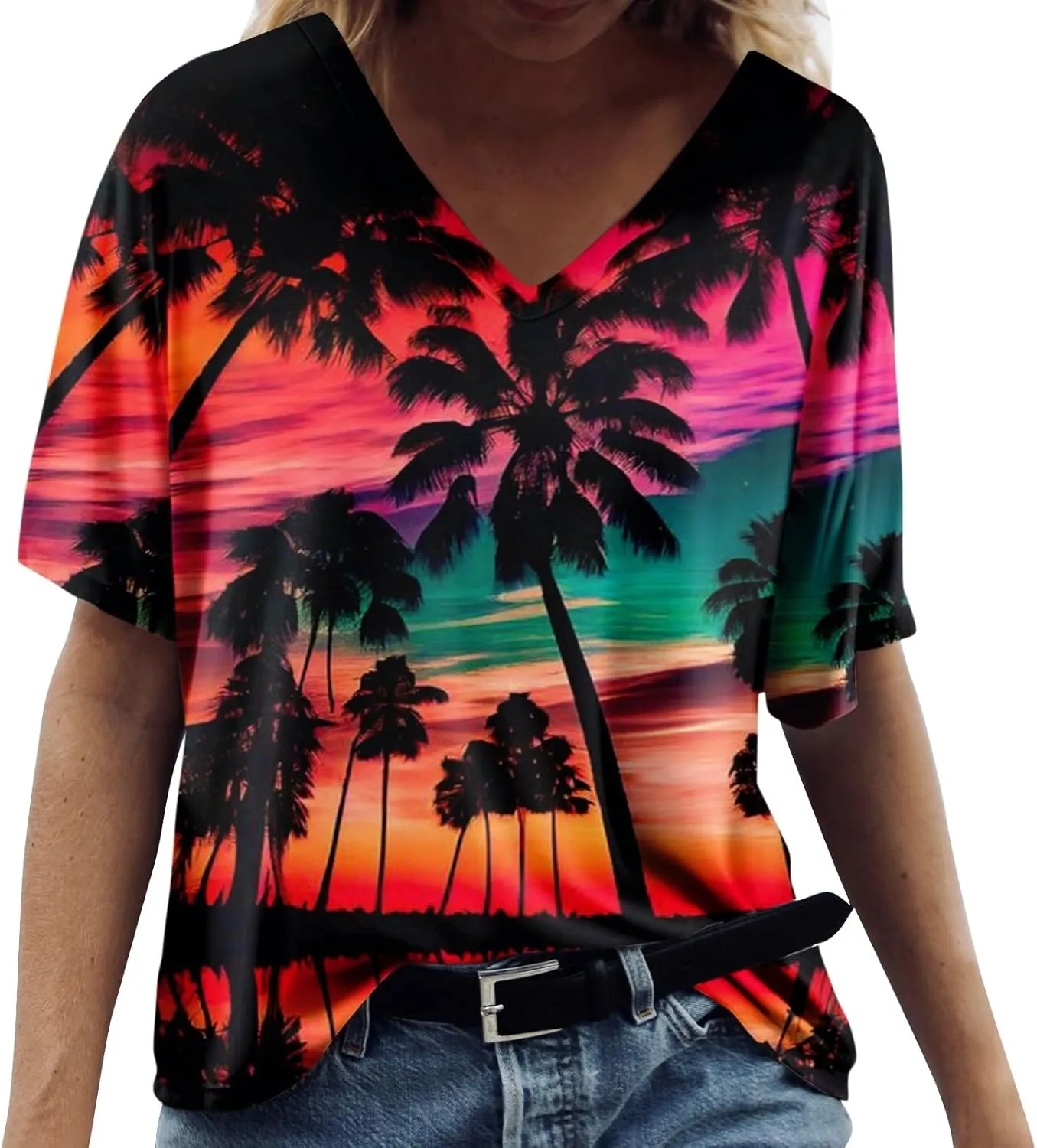 Womens Hawaiian Shirt Palm Trees Beach Graphic Tee Tops Summer Vacation Short Sleeve Tshirt Tops Casual V Neck