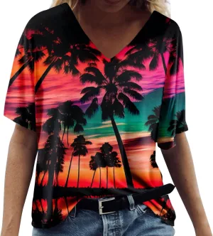 Womens Hawaiian Shirt Palm Trees Beach Graphic Tee Tops Summer Vacation Short Sleeve Tshirt Tops Casual V Neck