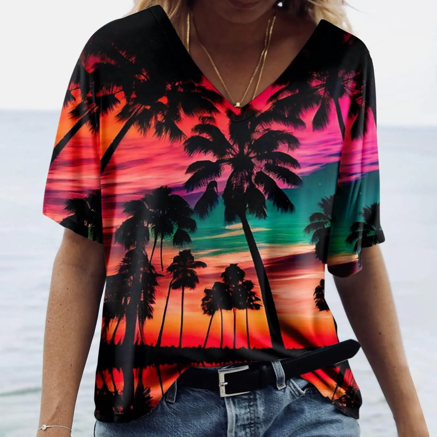 Womens Hawaiian Shirt Palm Trees Beach Graphic Tee Tops Summer Vacation Short Sleeve Tshirt Tops Casual V Neck