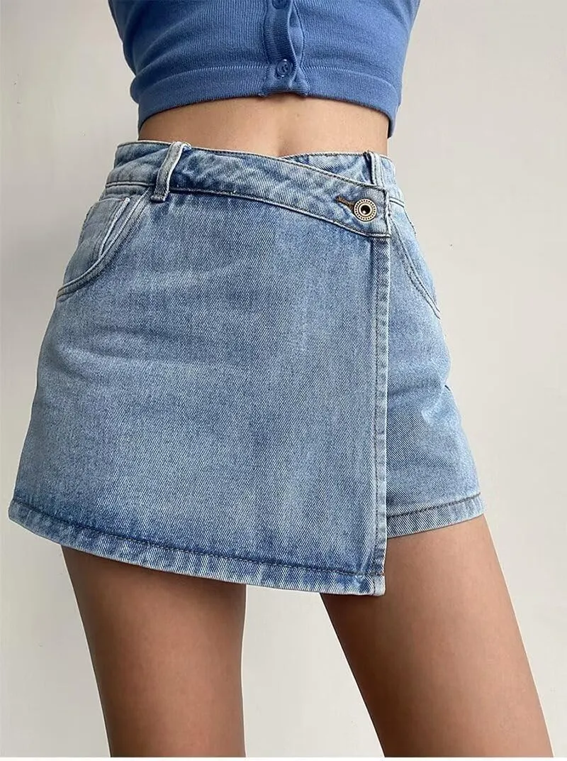 Women's High Waisted A-Line Button Wrap Denim Jean Skirt Mini Skirt