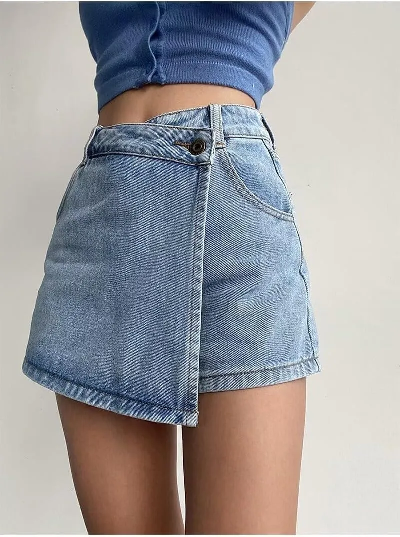 Women's High Waisted A-Line Button Wrap Denim Jean Skirt Mini Skirt