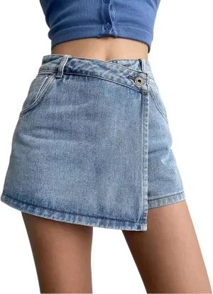 Women's High Waisted A-Line Button Wrap Denim Jean Skirt Mini Skirt