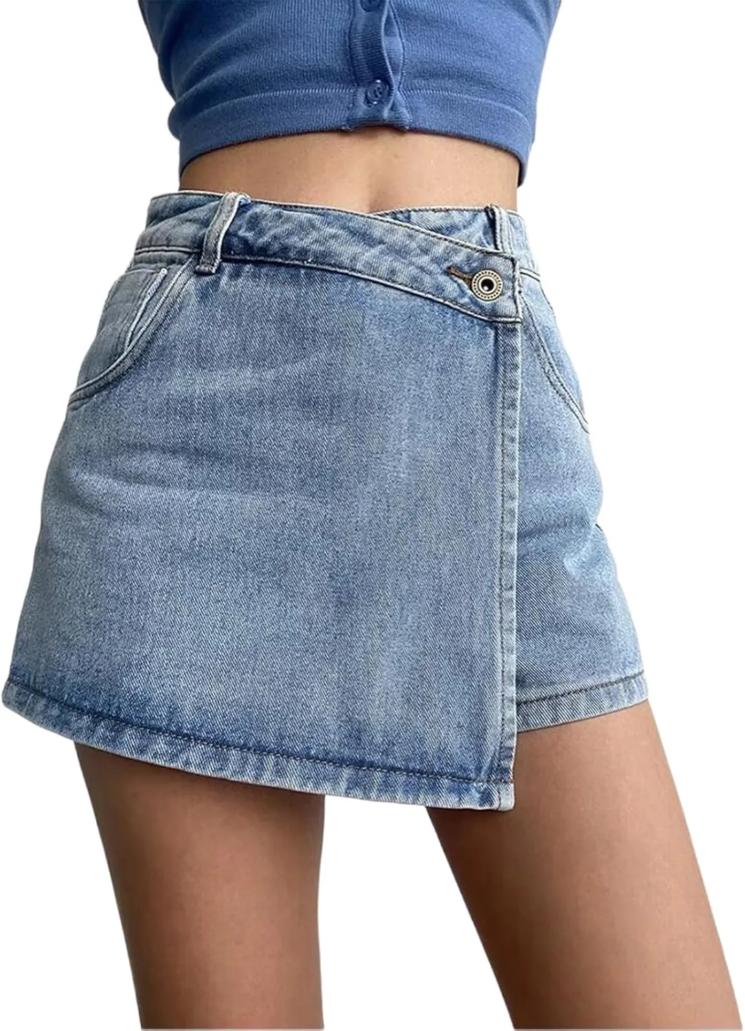 Women's High Waisted A-Line Button Wrap Denim Jean Skirt Mini Skirt