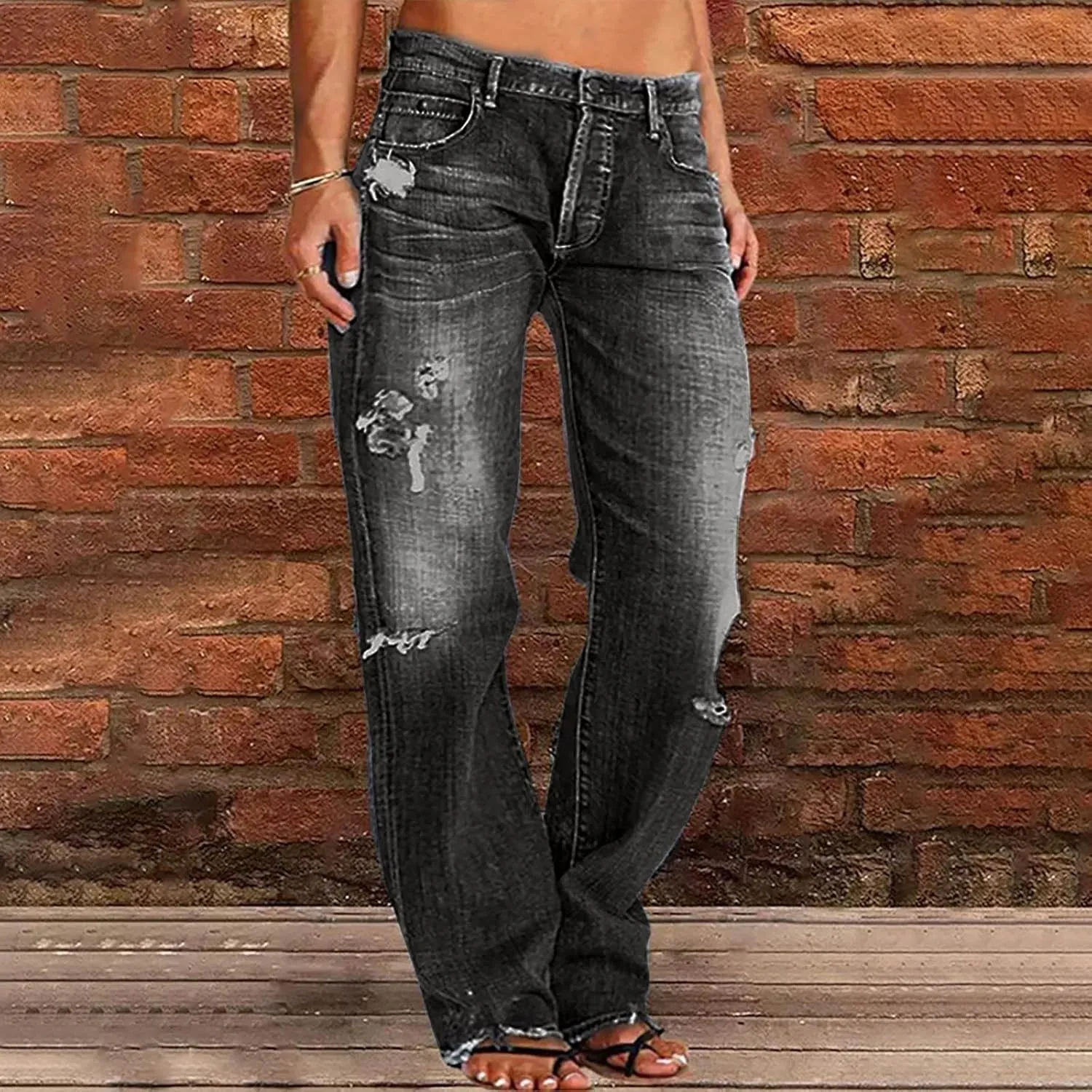 Women's High Waisted Jeans Boyfriend Straight Leg Casual Denim Pants Jeans Stretchy Leg Baggy Trendy Trousers
