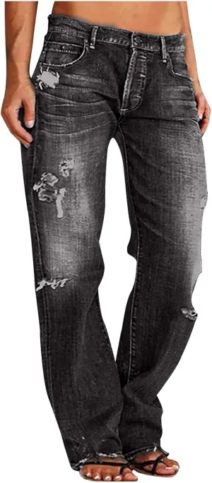 Women's High Waisted Jeans Boyfriend Straight Leg Casual Denim Pants Jeans Stretchy Leg Baggy Trendy Trousers