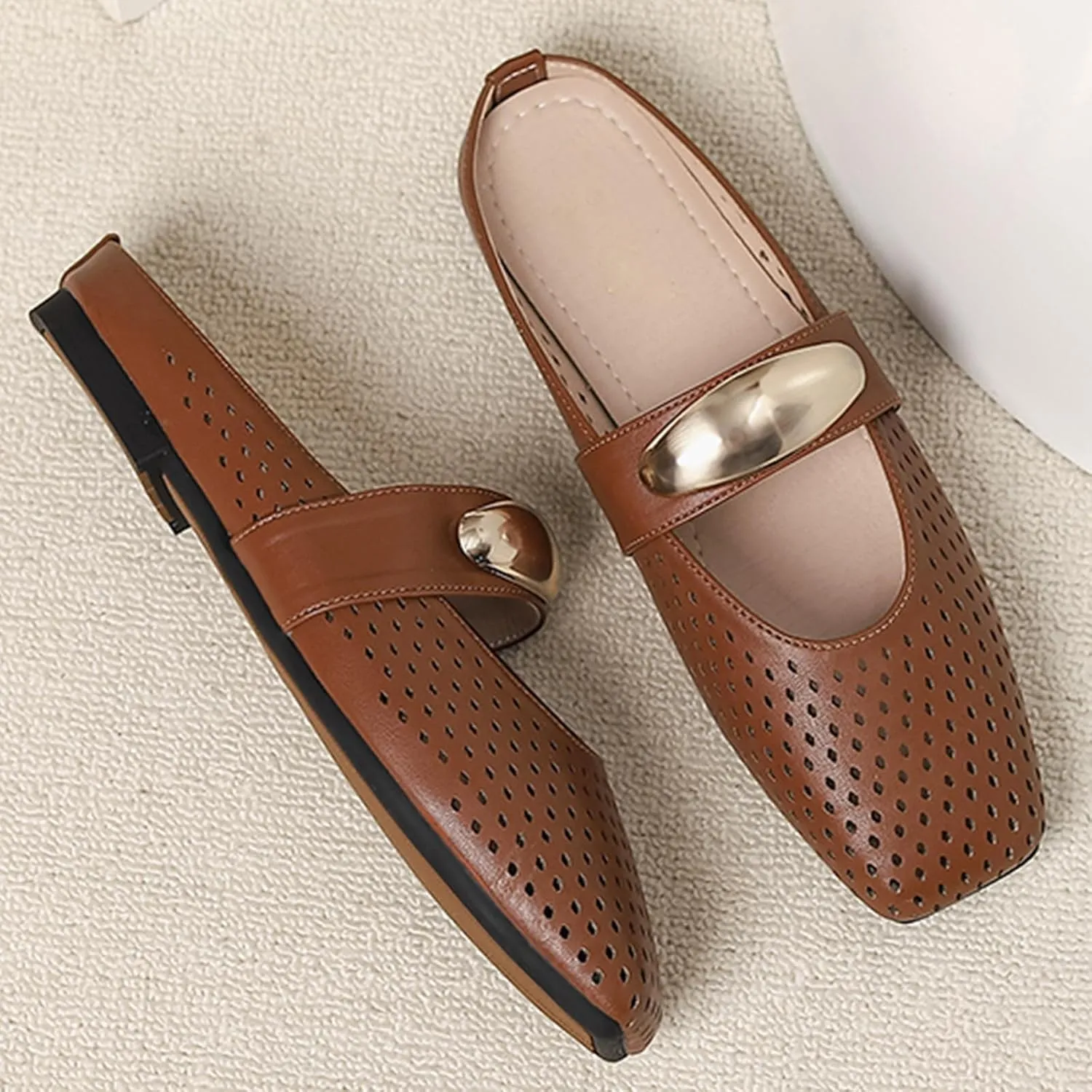 Women's Hollow Leather Flat Mules with Metal Buckle Square Toe Slingback Slip-On Mary Jane Flats Lightweight Comfortable Non-Slip Slippers for Office & Casual Wear