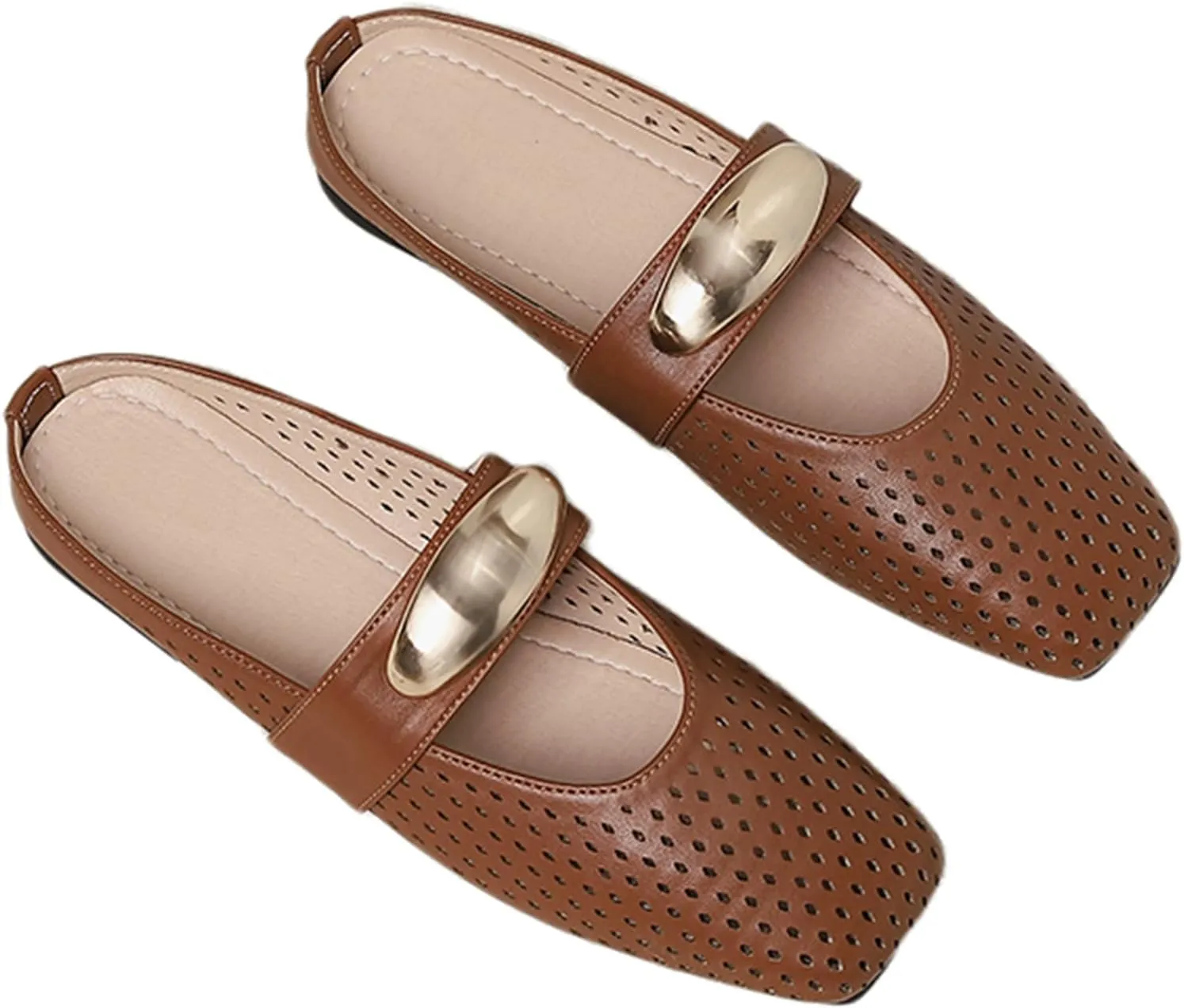 Women's Hollow Leather Flat Mules with Metal Buckle Square Toe Slingback Slip-On Mary Jane Flats Lightweight Comfortable Non-Slip Slippers for Office & Casual Wear