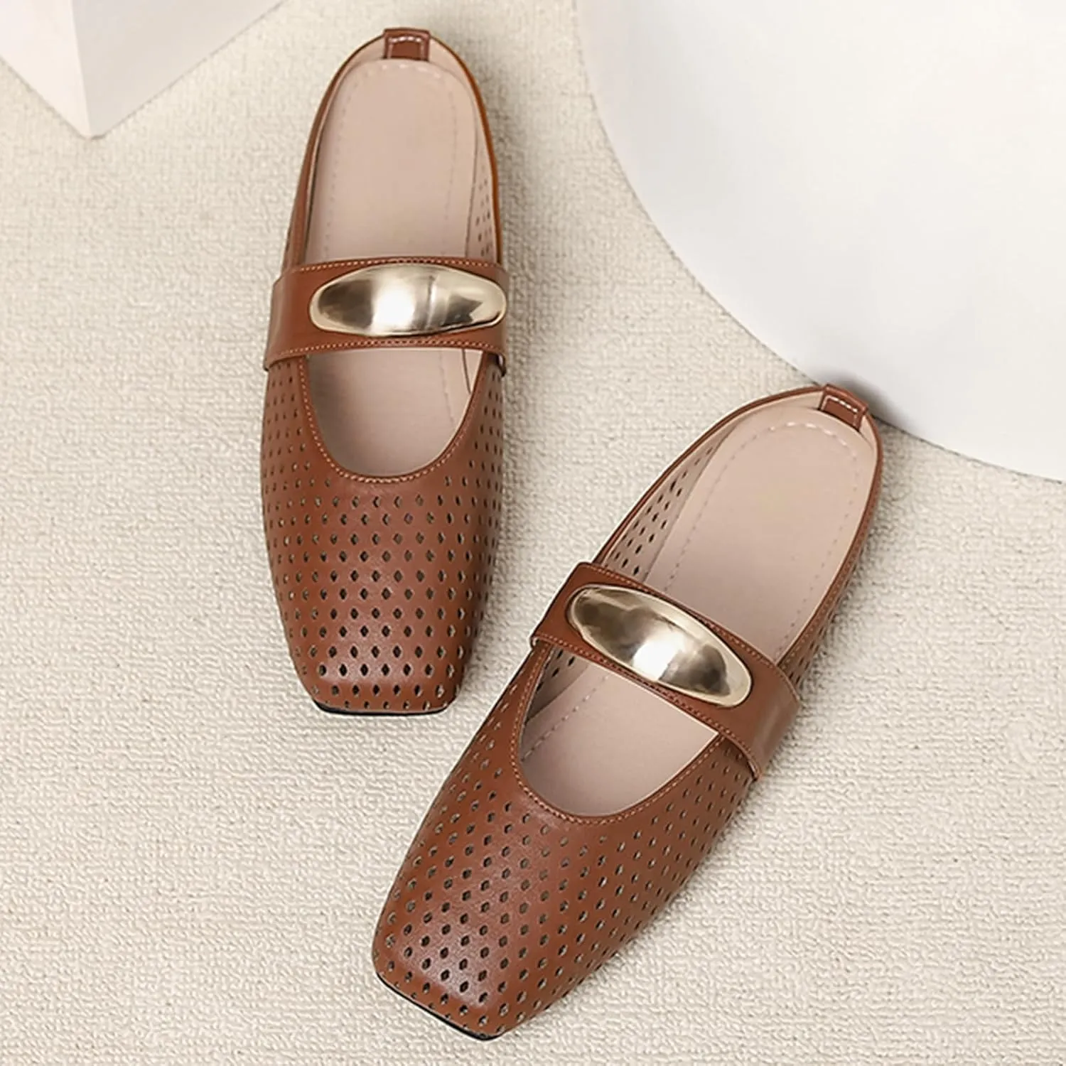 Women's Hollow Leather Flat Mules with Metal Buckle Square Toe Slingback Slip-On Mary Jane Flats Lightweight Comfortable Non-Slip Slippers for Office & Casual Wear