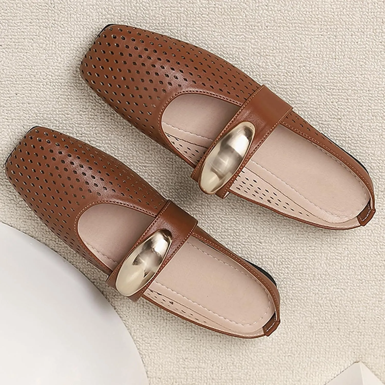 Women's Hollow Leather Flat Mules with Metal Buckle Square Toe Slingback Slip-On Mary Jane Flats Lightweight Comfortable Non-Slip Slippers for Office & Casual Wear