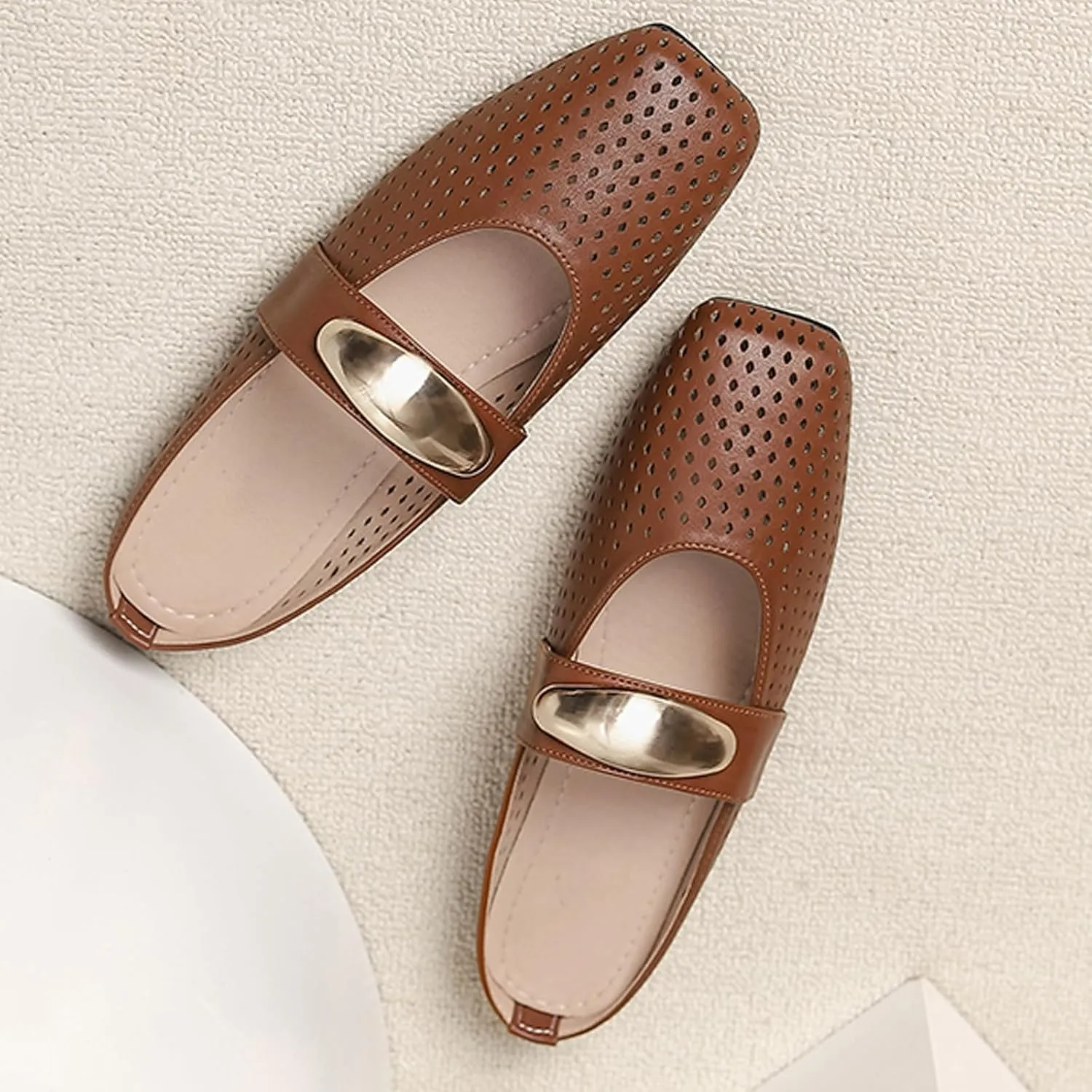 Women's Hollow Leather Flat Mules with Metal Buckle Square Toe Slingback Slip-On Mary Jane Flats Lightweight Comfortable Non-Slip Slippers for Office & Casual Wear