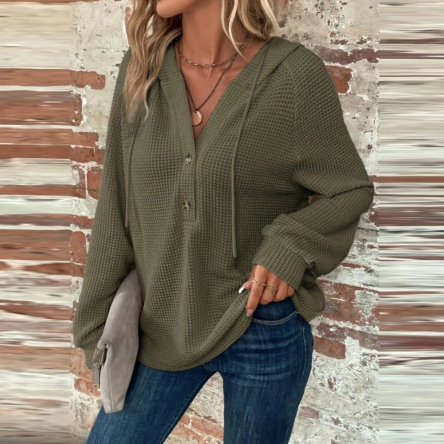 Womens Hoodies Waffle Knit Drawstring Long Sleeve Pullover Casual V Neck Oversized Button Up Sweatshirt Tops