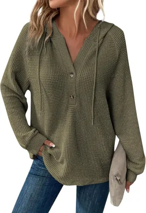 Womens Hoodies Waffle Knit Drawstring Long Sleeve Pullover Casual V Neck Oversized Button Up Sweatshirt Tops
