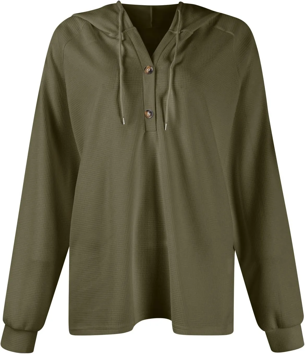 Womens Hoodies Waffle Knit Drawstring Long Sleeve Pullover Casual V Neck Oversized Button Up Sweatshirt Tops