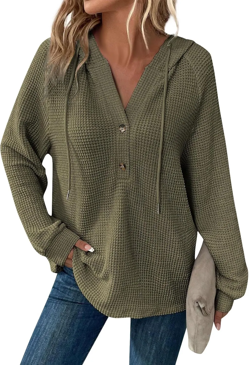 Womens Hoodies Waffle Knit Drawstring Long Sleeve Pullover Casual V Neck Oversized Button Up Sweatshirt Tops