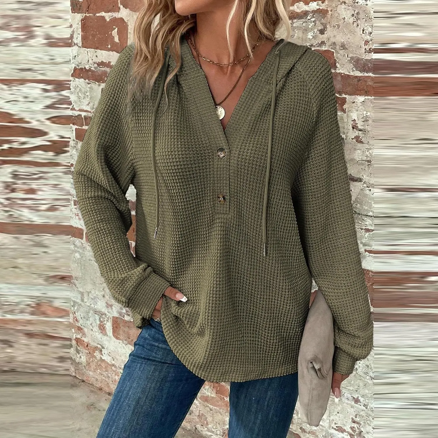 Womens Hoodies Waffle Knit Drawstring Long Sleeve Pullover Casual V Neck Oversized Button Up Sweatshirt Tops