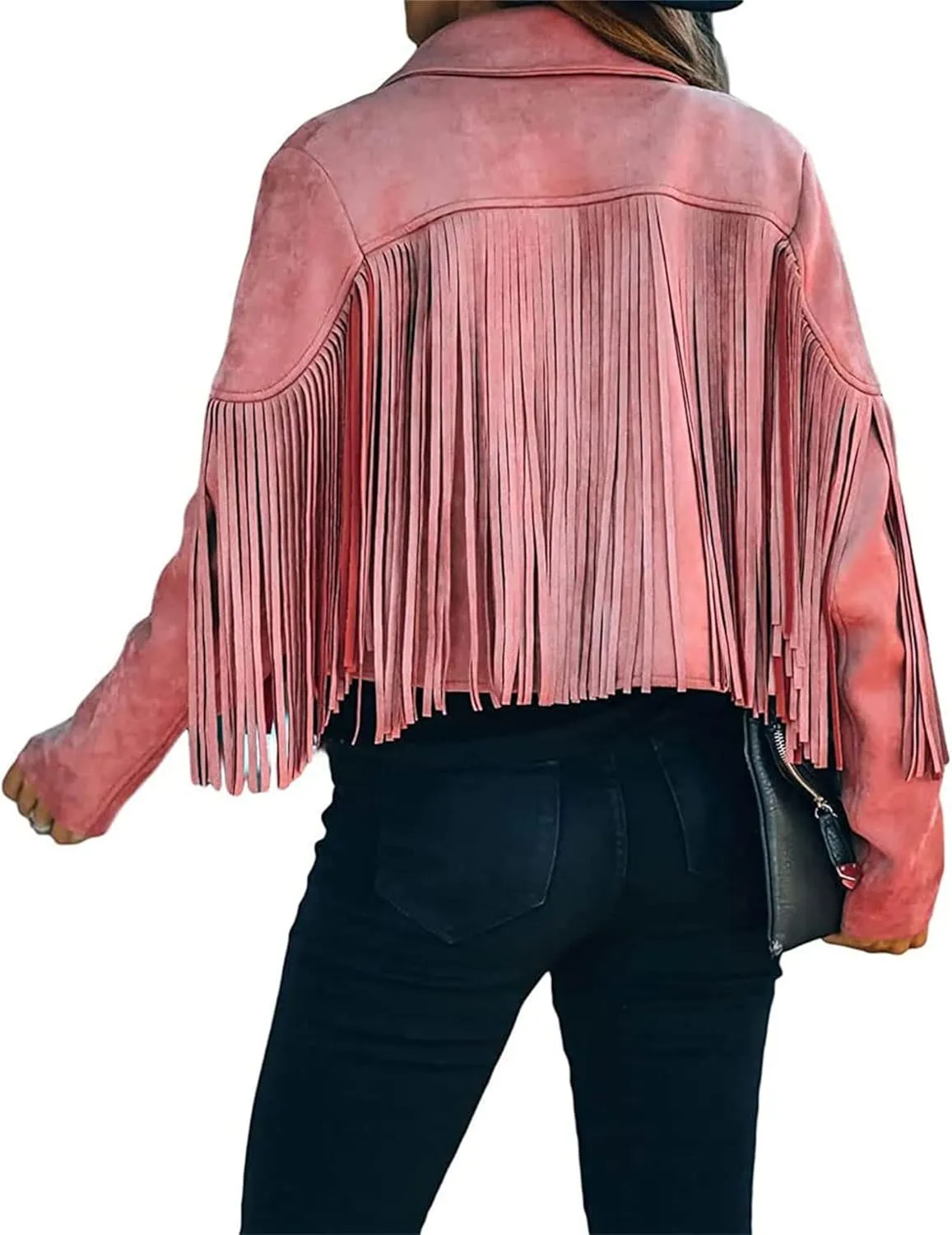 Womens Leather Jacket Cropped Faux Suede Tassel Jacket Vintage Lapel Long Sleeve Coat Motorcycle Jackets Outerwear