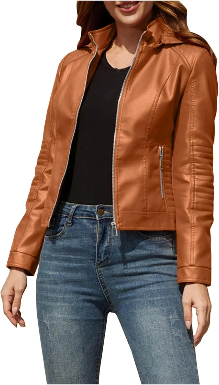 Womens Leather Jacket Lightweight Faux Suede Petite Cropped Jackets Trendy Vintage 80s Full Zip Up Motorcycle Coats