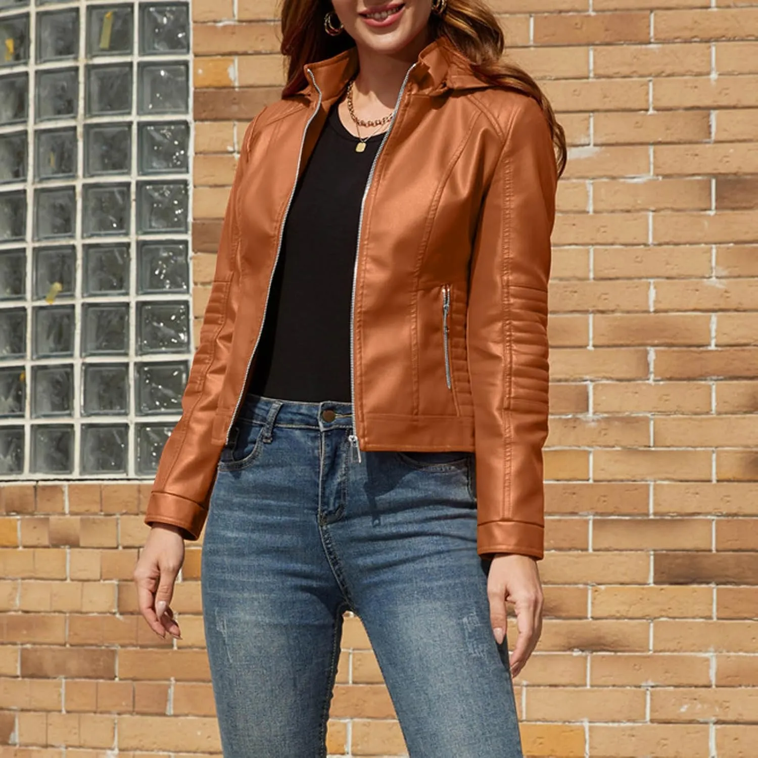 Womens Leather Jacket Lightweight Faux Suede Petite Cropped Jackets Trendy Vintage 80s Full Zip Up Motorcycle Coats