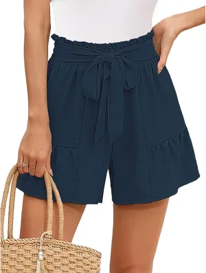 Women's Lightweight Wide Leg High Waisted Shorts Adjustable Tie Knot Loose Summer Cute Trousers