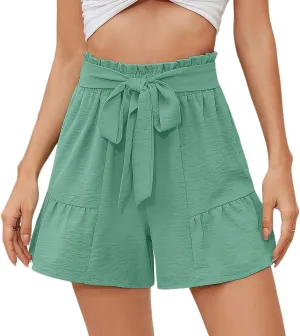 Women's Lightweight Wide Leg High Waisted Shorts Adjustable Tie Knot Loose Summer Cute Trousers
