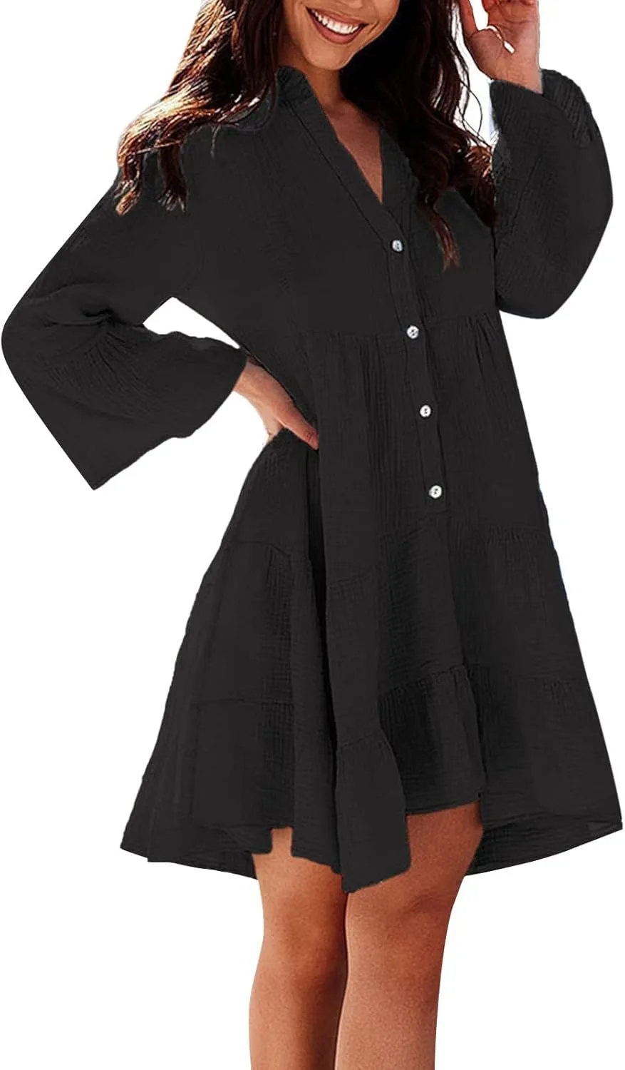 Women's Long Sleeve Botton Ruffle Dresses Casual Loose Swing Mini Dress Women Maxi Dresses Summer