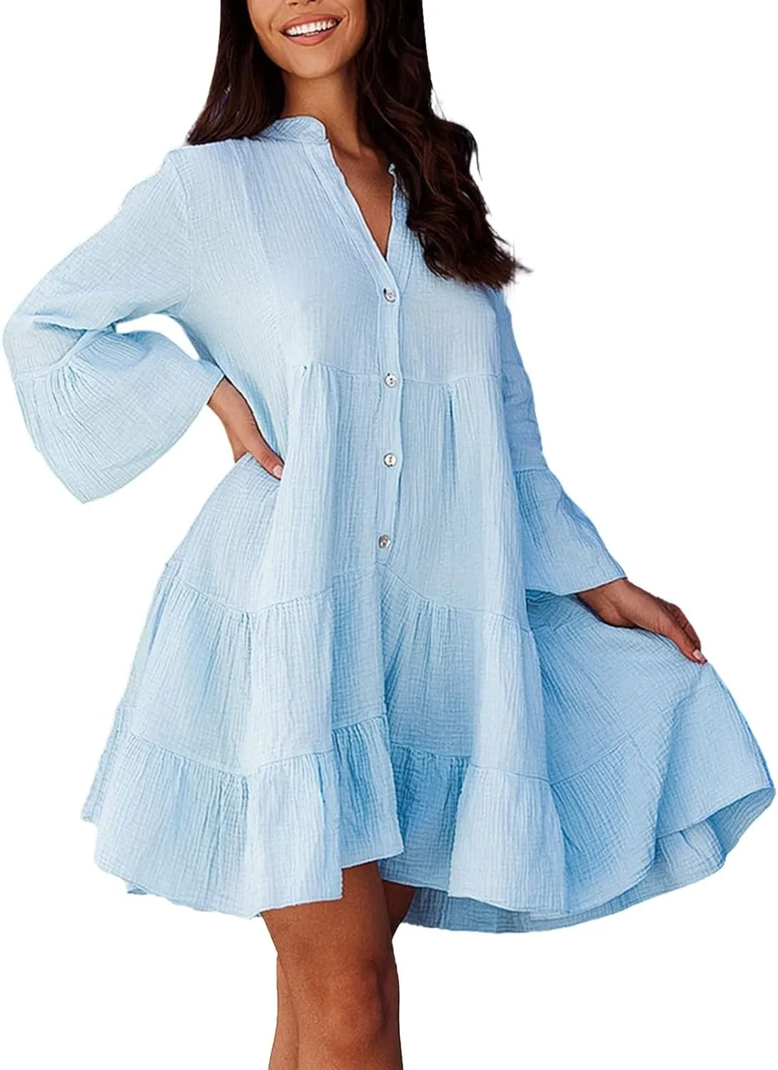 Women's Long Sleeve Botton Ruffle Dresses Casual Loose Swing Mini Dress Women Maxi Dresses Summer