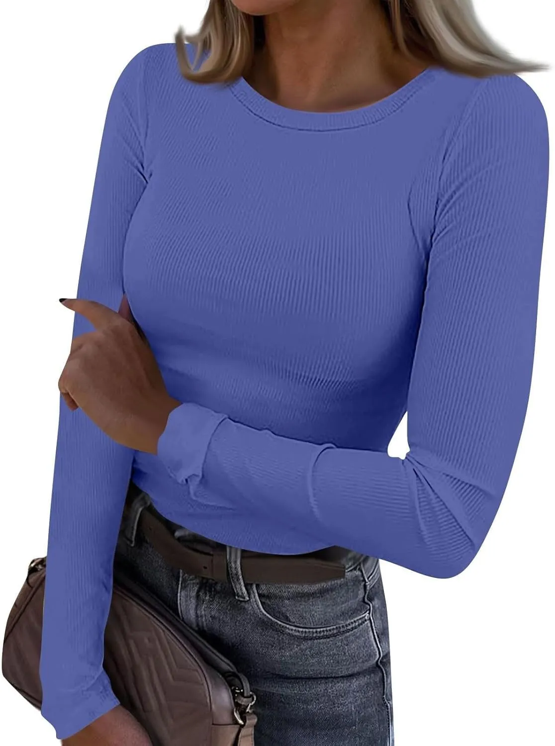 Womens Long Sleeve Crewneck Tops Rib Knit Slim Fit Basic Shirts 2024 Casual T-Shirt Stretchy Going Out Basic Outfits