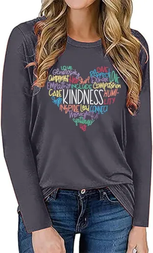 Women's Long Sleeve Graphic Shirts Kindness Print Crew Neck Pullover Tops Fall Shirts