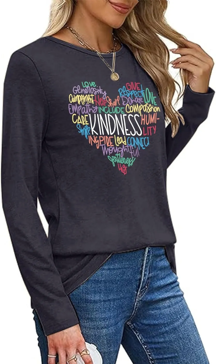 Women's Long Sleeve Graphic Shirts Kindness Print Crew Neck Pullover Tops Fall Shirts