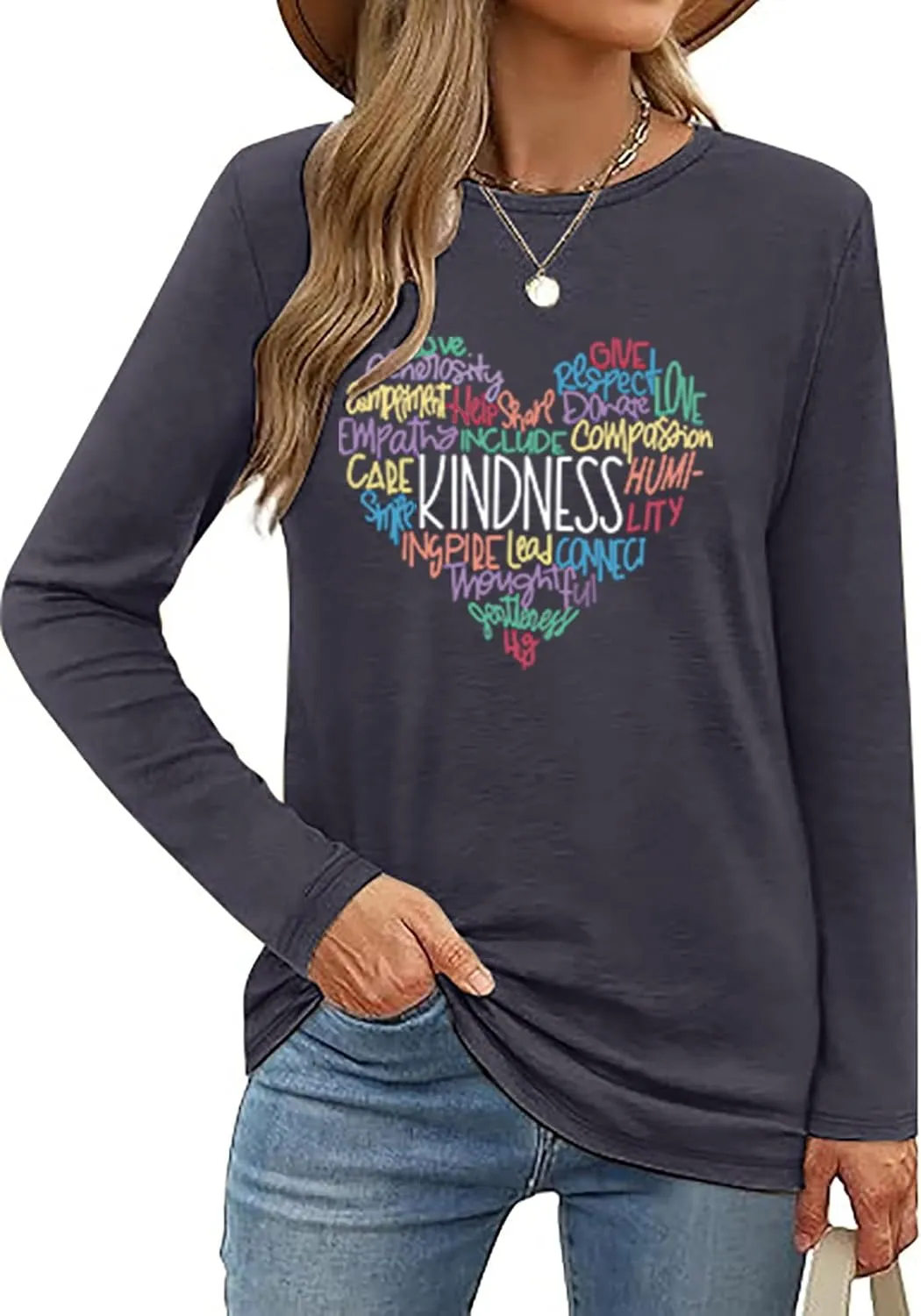 Women's Long Sleeve Graphic Shirts Kindness Print Crew Neck Pullover Tops Fall Shirts