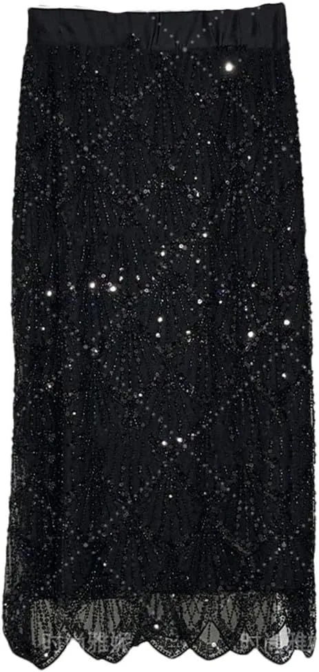 Women's Long-Sleeved Sequined Pearl Bead Cardigan Top High-Waisted Skirt 2-Piece Skirt Sets