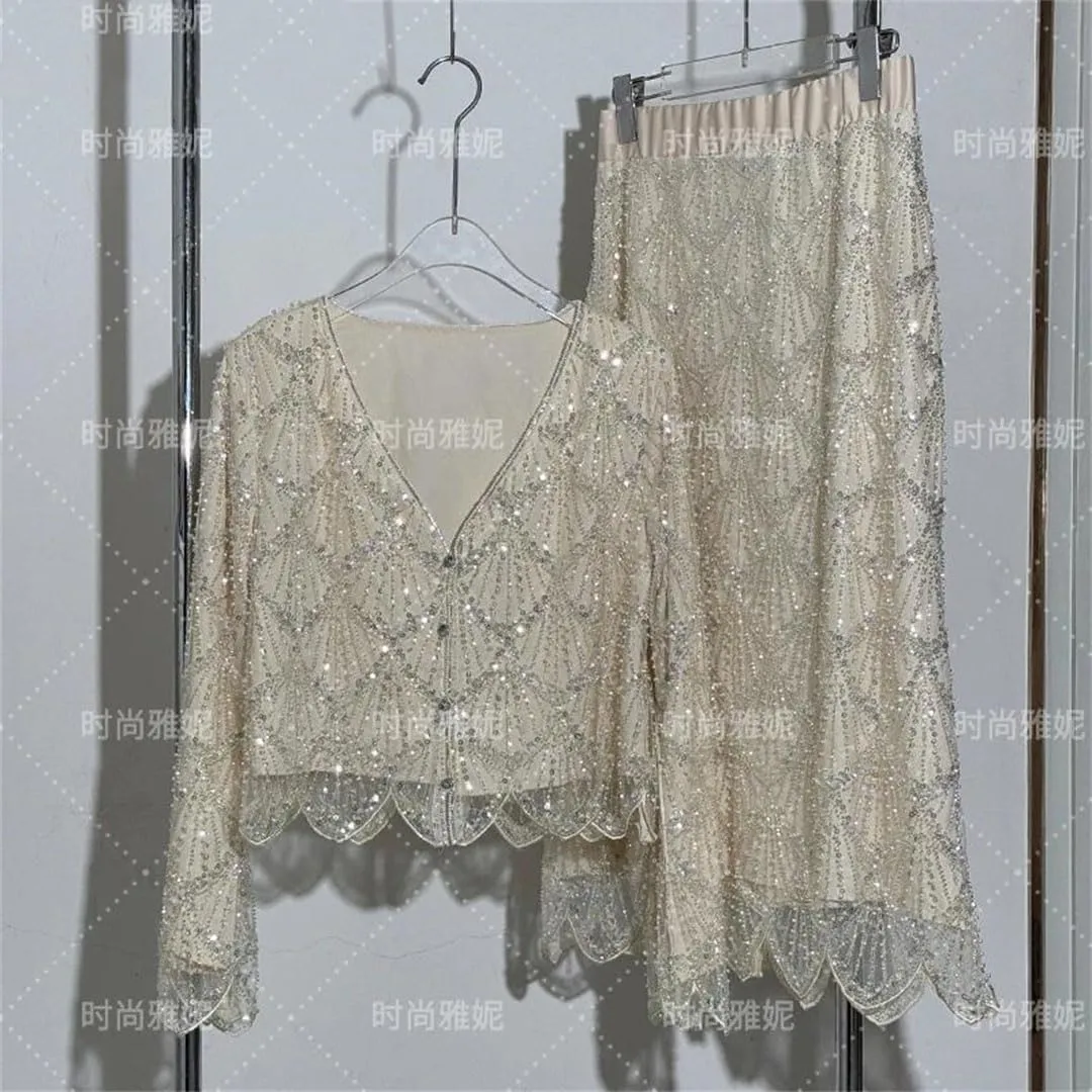 Women's Long-Sleeved Sequined Pearl Bead Cardigan Top High-Waisted Skirt 2-Piece Skirt Sets