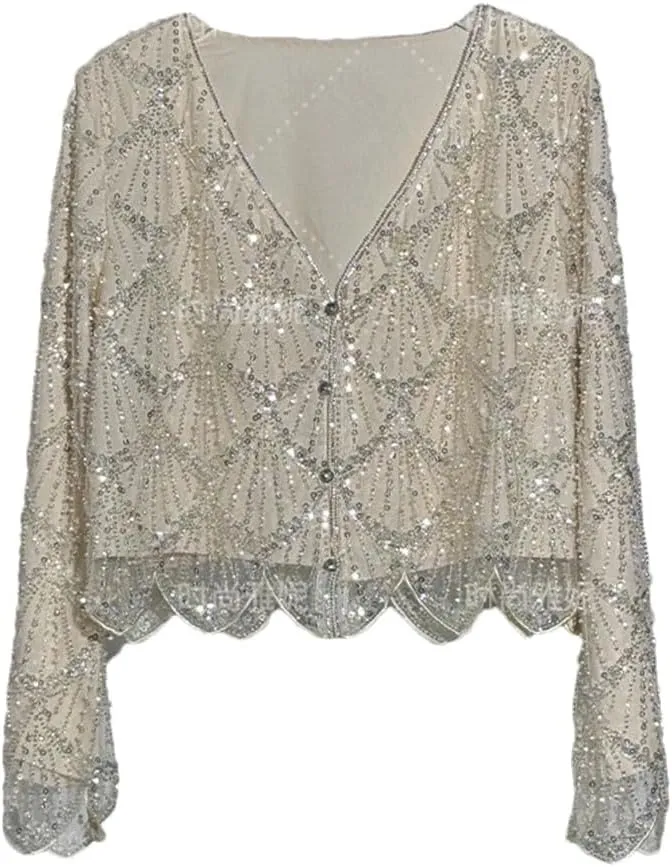 Women's Long-Sleeved Sequined Pearl Bead Cardigan Top High-Waisted Skirt 2-Piece Skirt Sets