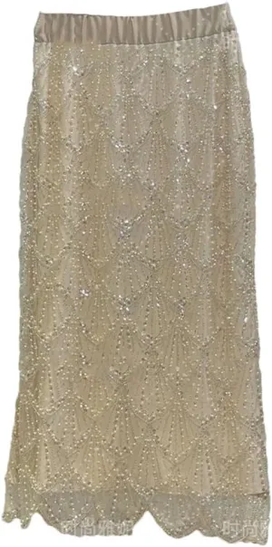 Women's Long-Sleeved Sequined Pearl Bead Cardigan Top High-Waisted Skirt 2-Piece Skirt Sets