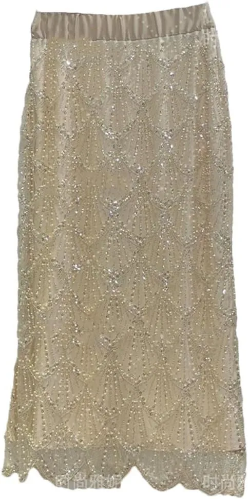Women's Long-Sleeved Sequined Pearl Bead Cardigan Top High-Waisted Skirt 2-Piece Skirt Sets