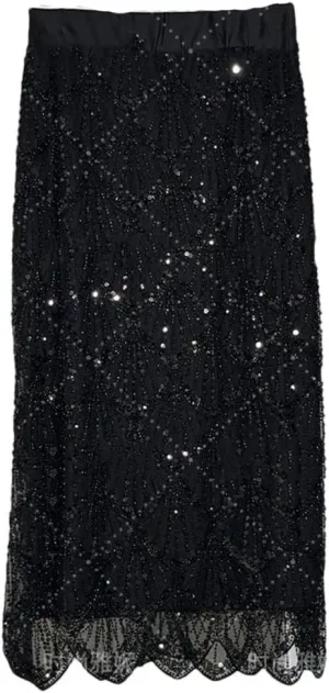 Women's Long-Sleeved Sequined Pearl Bead Cardigan Top High-Waisted Skirt 2-Piece Skirt Sets