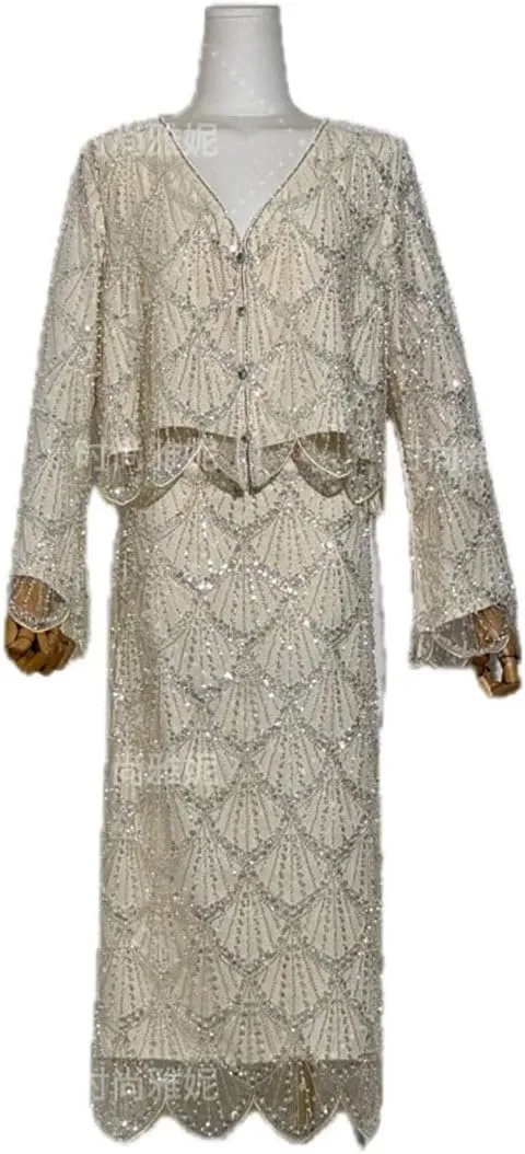 Women's Long-Sleeved Sequined Pearl Bead Cardigan Top High-Waisted Skirt 2-Piece Skirt Sets
