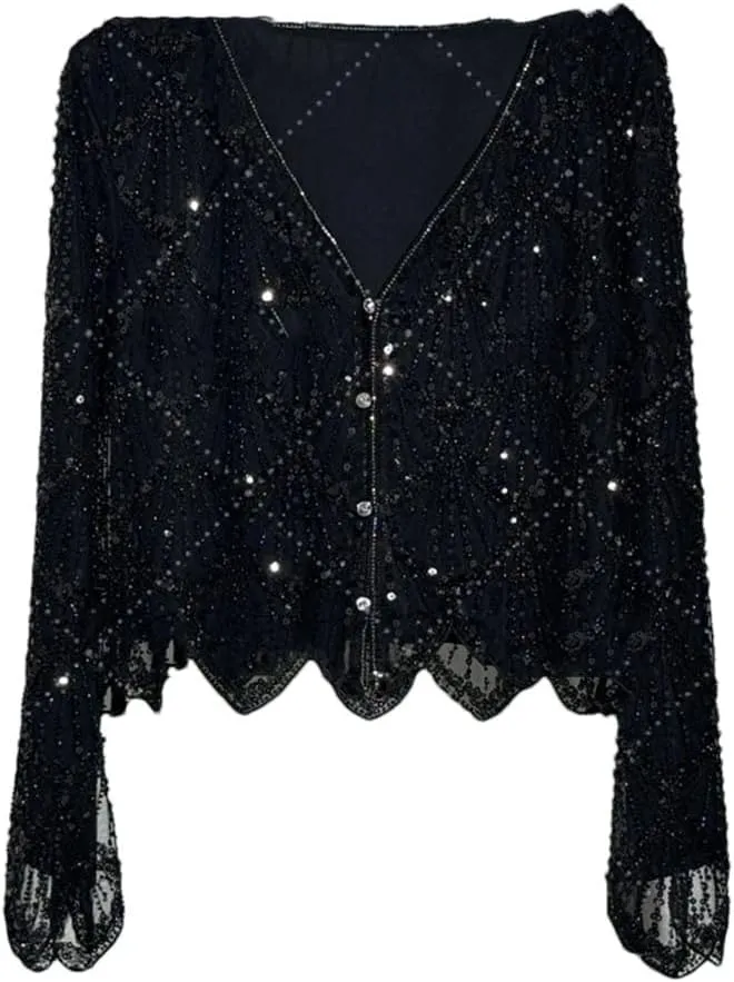 Women's Long-Sleeved Sequined Pearl Bead Cardigan Top High-Waisted Skirt 2-Piece Skirt Sets