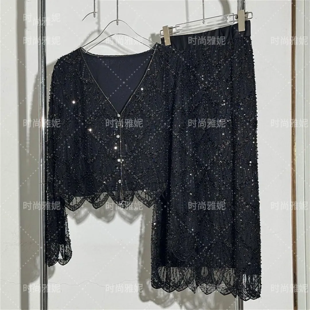 Women's Long-Sleeved Sequined Pearl Bead Cardigan Top High-Waisted Skirt 2-Piece Skirt Sets