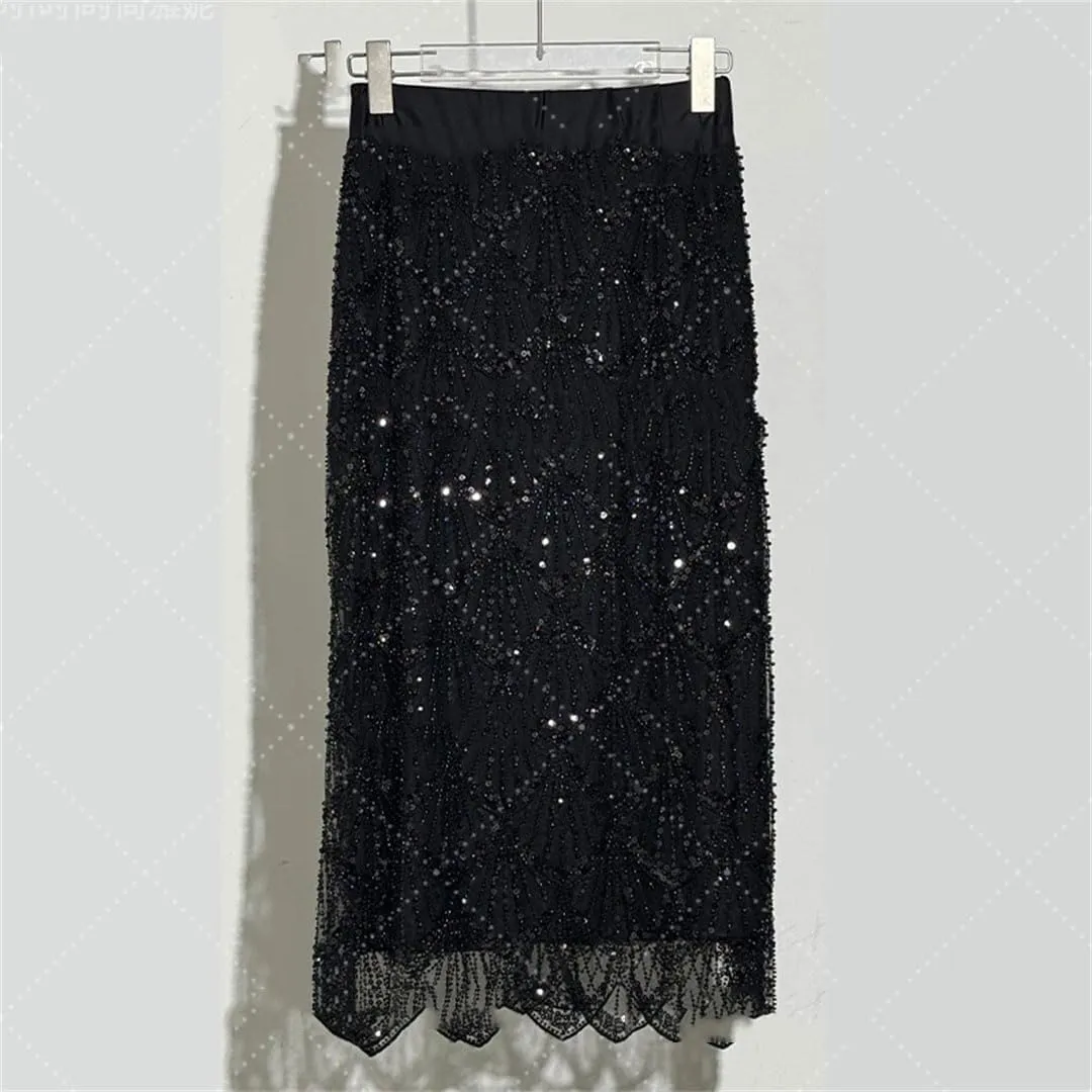 Women's Long-Sleeved Sequined Pearl Bead Cardigan Top High-Waisted Skirt 2-Piece Skirt Sets