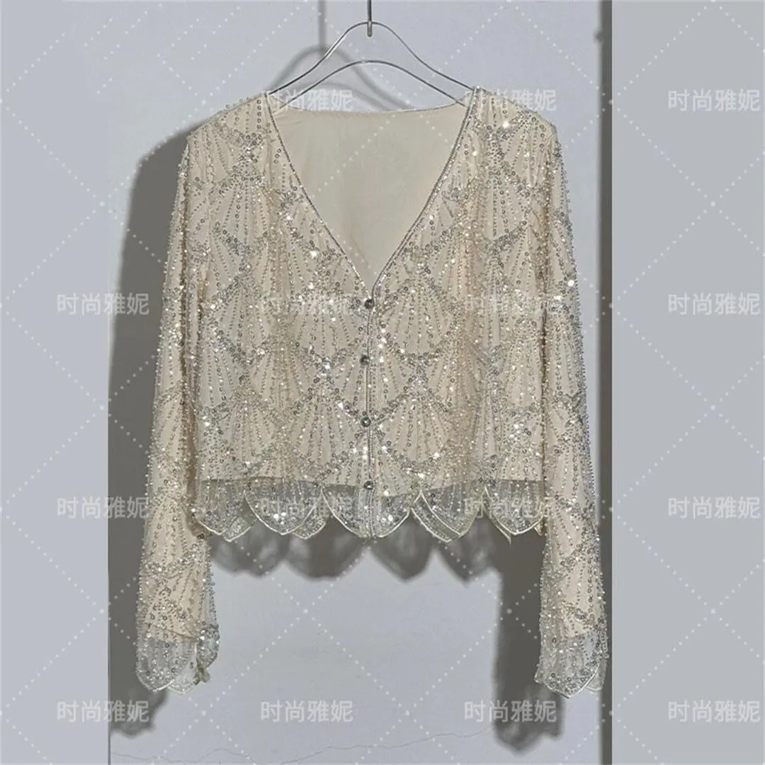 Women's Long-Sleeved Sequined Pearl Bead Cardigan Top High-Waisted Skirt 2-Piece Skirt Sets